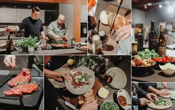 Das Team von Moebel Erfurth beim Testkochen in moderner Kueche.